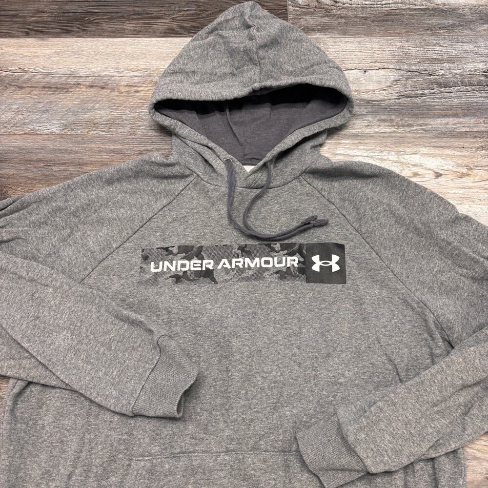 Under Armour Hoodie Rival Fleece Gray Men Medium Box Logo Spell Out Sweatshirt